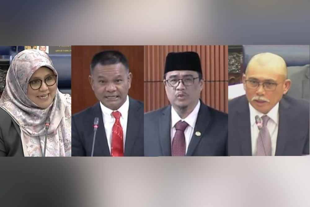 Ahli Parlimen PN mengenakan lilitan reben putih di lengan kiri sebagai tanda protes terhadap keputusan Speaker. Dari kiri Mas Ermieyati (Masjid Tanah), Roslan Hashim (Kulim Bandar Baharu), Nurul Amin Hamid (Padang Terap) dan Datuk Seri Dr Ronald Kiandee (Beluran).