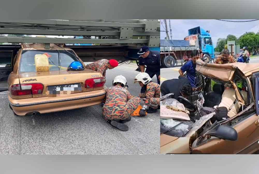 Anggota bomba cuba mengeluarkan mangsa daripada kereta Proton Wira berkenaan. Foto BBP Johor Jaya