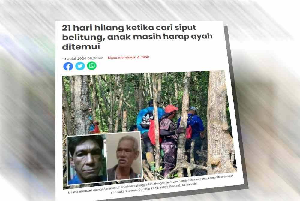 Dua lelaki yang dilaporkan hilang sejak 18 Jun lalu semasa keluar mencari siput belitung di Sungai Tuntung, Pantai Remis di sini masih belum ditemui sehingga kini.