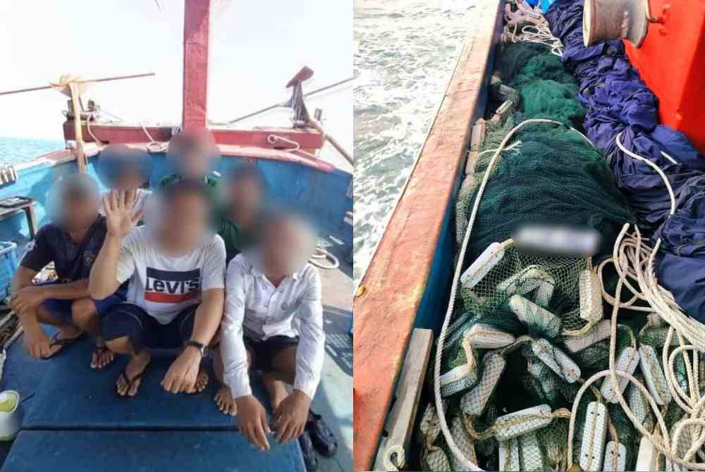 Lima kru termasuk tekong di tahan dalam Maritim Pahang pada Rabu lalu. Sebidang pukat di atas bot yang tidak dibenarkan penggunaannya bagi bot jenis kail mengail. Foto Maritim Pahang