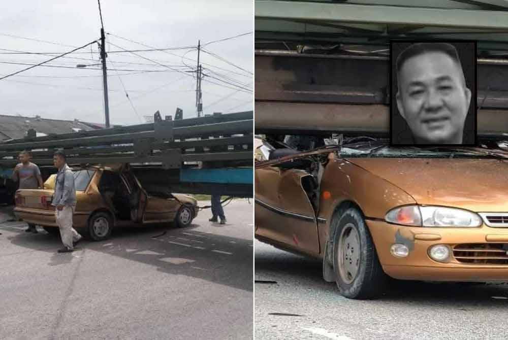 Keadaan kereta Proton Wira yang dipandu Ramli (gambar kecil) terperosok di bawah treler yang membawa muatan besi panjang. Foto Facebook Farizatul Firdaus