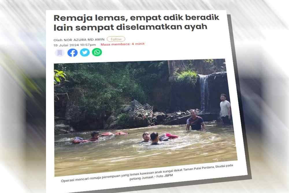 Sinar Harian melaporkan seorang remaja perempuan lemas manakala empat adik beradik yang lain berjaya diselamatkan bapa mereka di kawasan anak sungai dekat Taman Pulai Perdana, Skudai pada petang Jumaat.