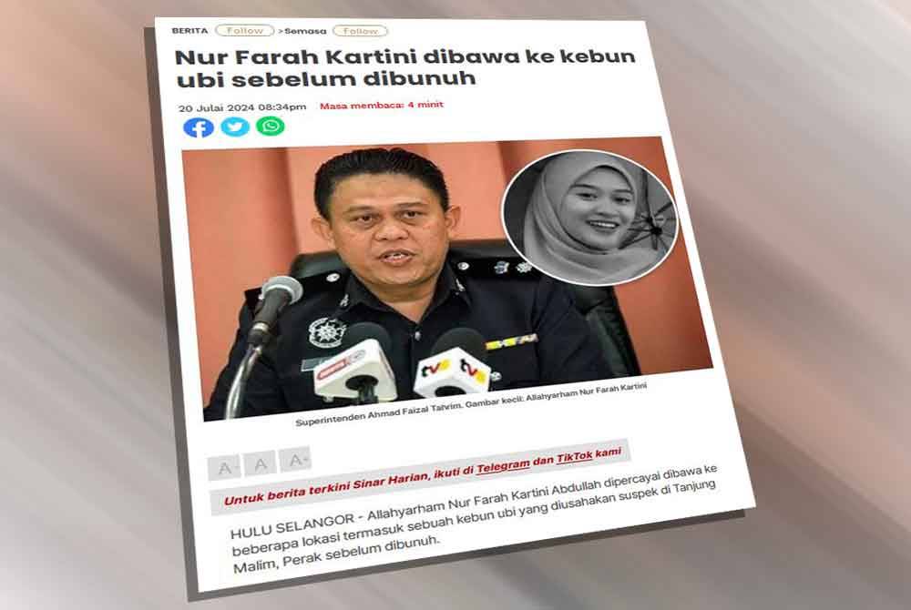 Nur Farah Kartini dipercayai dibawa ke beberapa lokasi termasuk sebuah kebun ubi yang diusahakan suspek di Tanjung Malim, Perak sebelum dibunuh.