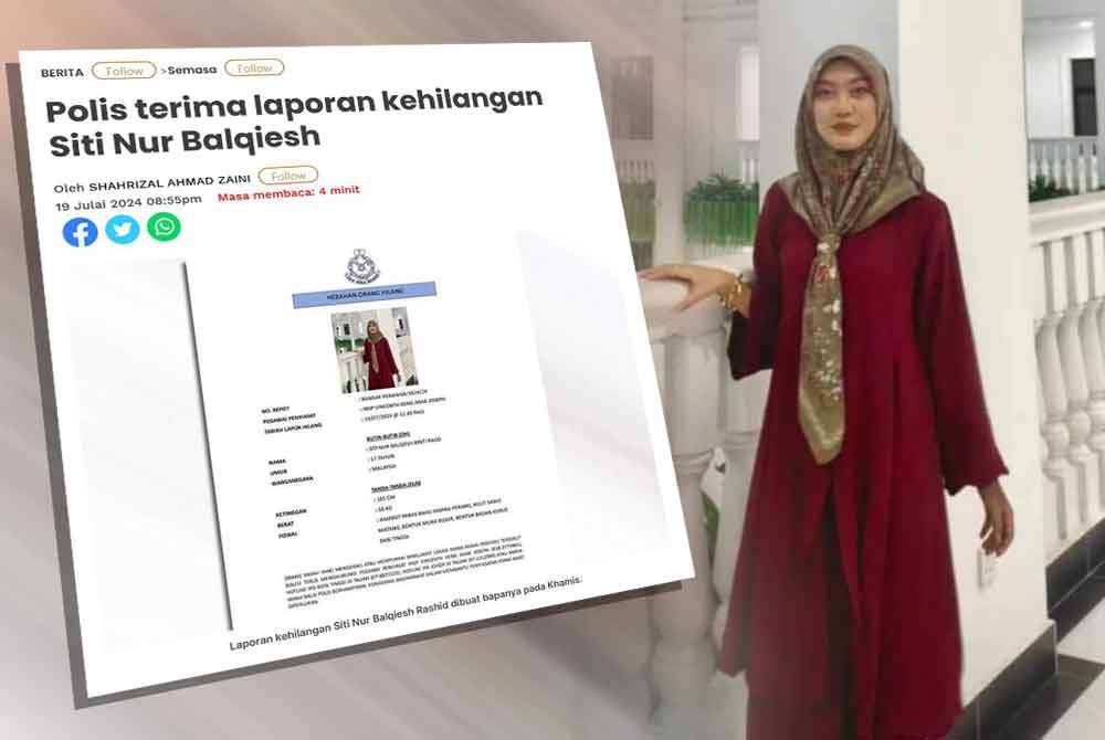 Siti Nur Balqiesh ditemui selemat di Pasir Gudang pada petang Sabtu.