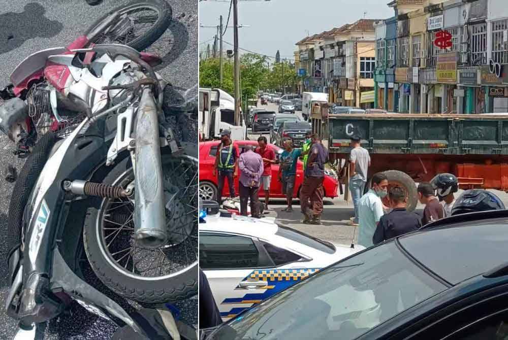 Keadaan motosikal mangsa. Gambar kanan: Kemalangan di Jalan Kamunting, Taiping menyebabkan seorang penunggang motosikal maut. Foto: ihsan pembaca