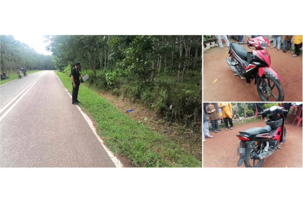 Pegawai penyiasat menunjukkan lokasi mangsa kemalangan, (Kanan: Motosikal ditunggang mangsa.) Foto polis