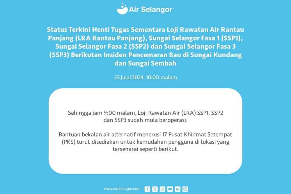 Kemas kini status gangguan bekalan air Selangor setakat jam 10 malam, Selasa.