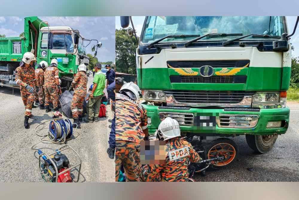 Anggota bomba terlibat mengeluarkan mangsa yang tersepit di bawah lori. Foto ihsan JBPM