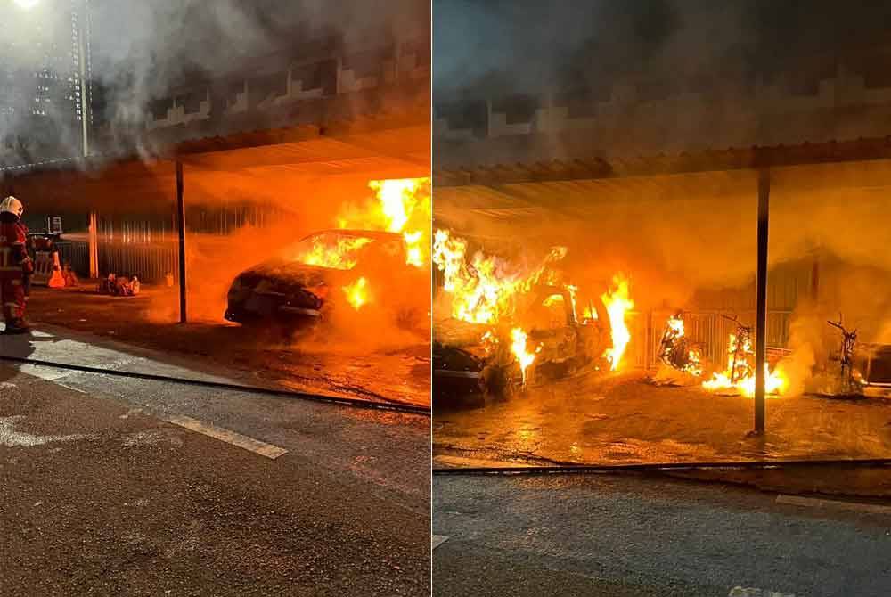 Empat kenderaan musnah terbakar di rumah pangsa PKNS Kampung Baru, di sini, pada Rabu. Foto: JBPM Kuala Lumpur.