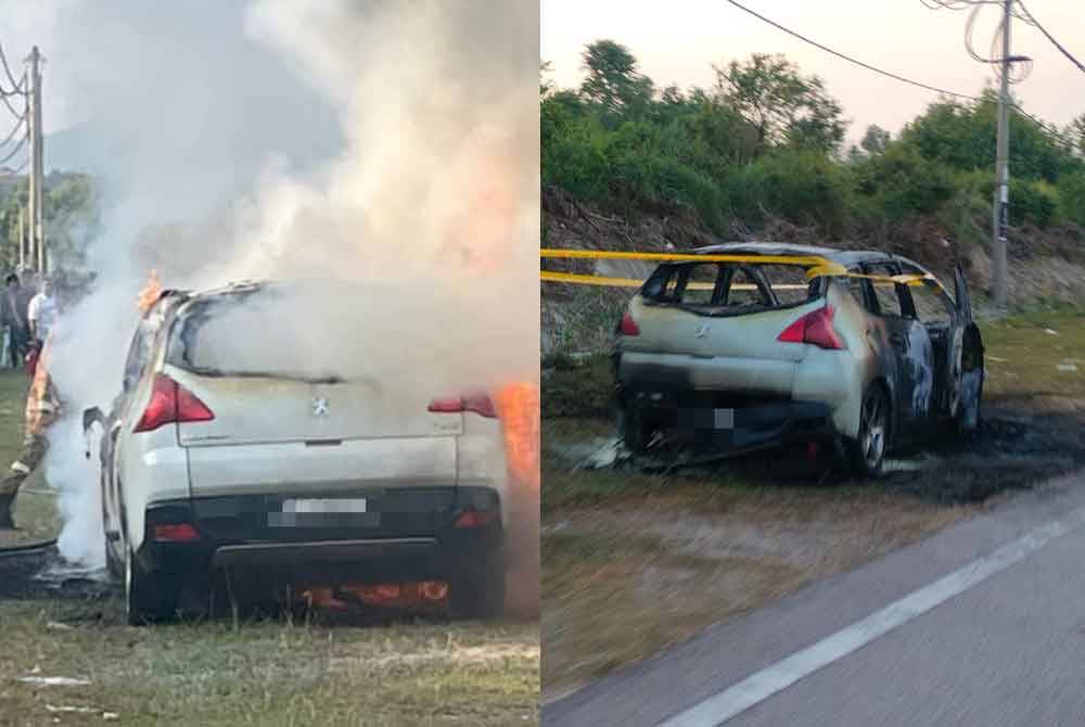 Keadaan kereta yang terbakar dekat kawasan perumahan SP Saujana, Sungai Petani pada Rabu.