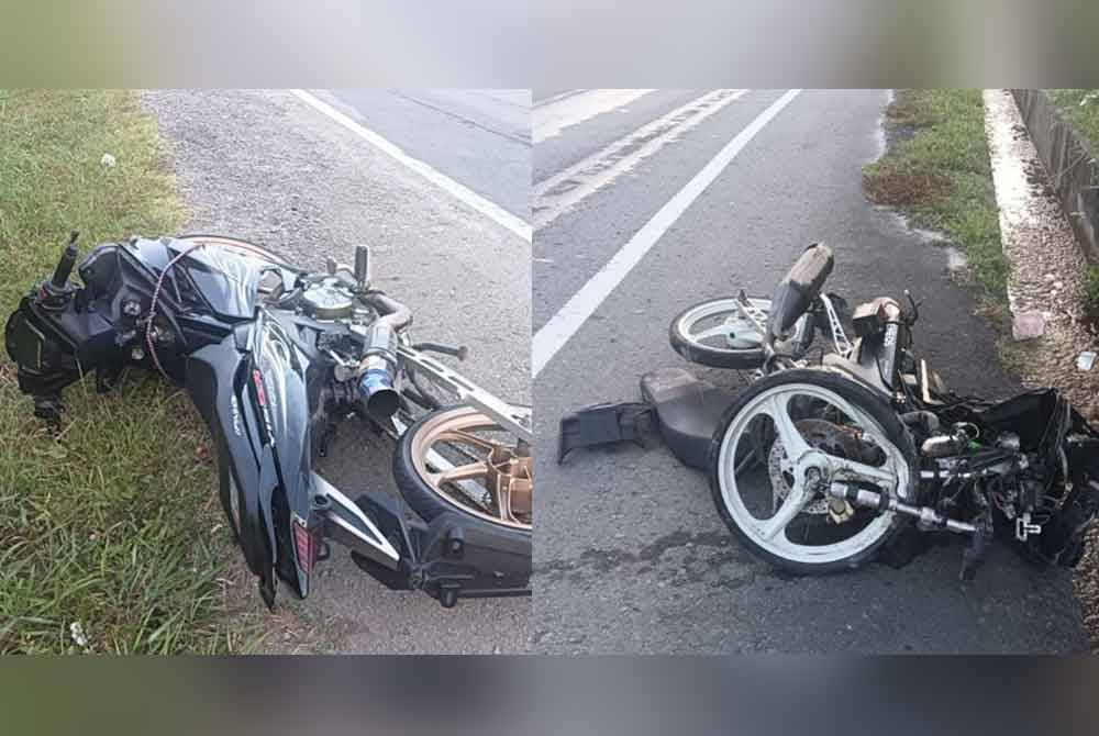 Motosikal kedua-dua mangsa yang terlibat dalam kemalangan di Kilometer 20, Jalan Papar Lama, Putatan.