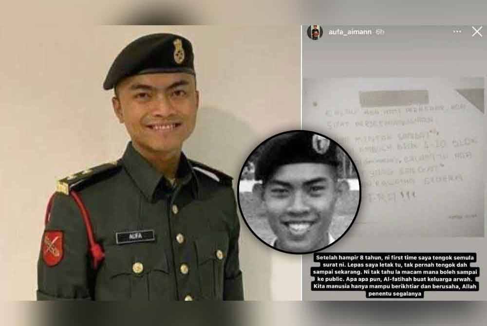 Muhammad Aiman yang membuat pendedahan tersebut menerusi Instagramnya berkata, ia juga pertama kali dilihat semula sejak surat layang berkenaan diletakkan. Gambar kanan: Surat layang yang tular di aplikasi X. (Gambar kecil: Allahyarham Zulfarhan.)