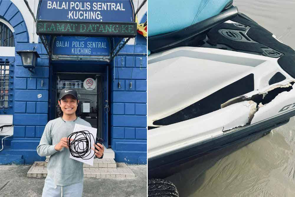 NgekTsai selepas membuat laporan polis di Balai Polis Central, Kuching, Sarawak sebaik sahaja pulang dari Pulau Langkawi. Gambar kiri: Kerosakan pada jet ski. Foto Facebook NgekTsai Army