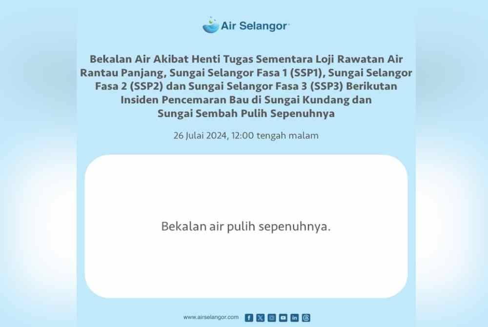 Ait Selangor memaklumkan perkembangan terkini gangguan bekalan air di laman Facebooknya pada Jumaat.