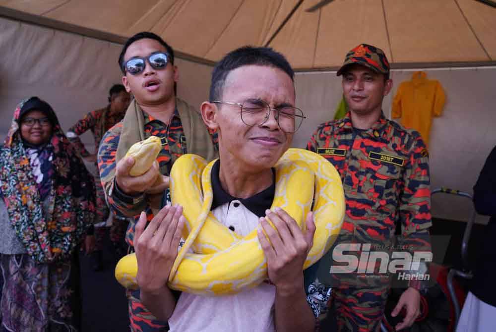 Ular sawa albino menjadi tarikan pengunjung untuk merakamkan kenangan di Karnival Rakyat Karangkraf di sini pada Sabtu. Foto Sinar Harian-Mohd Halim Abdul Wahid