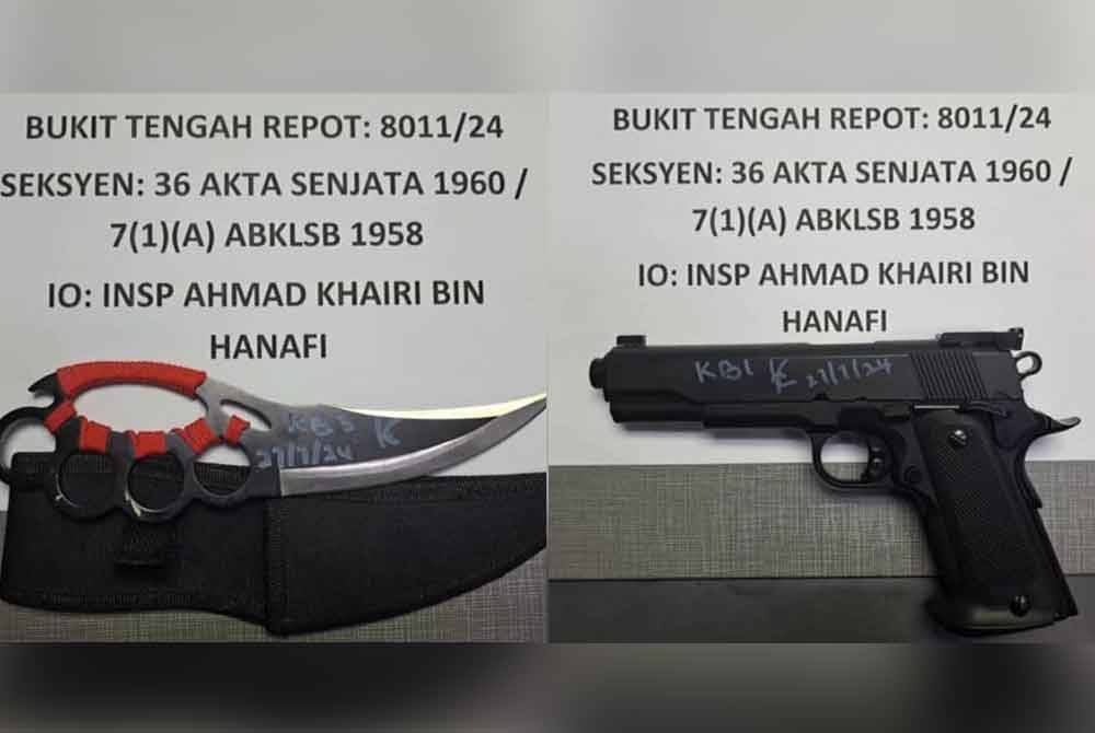 Buku lima berbentuk pisau dan sepucuk pistol tiruan dirampas dalam serbuan di sebuah rumah di Simpang Ampat pada petang Sabtu.