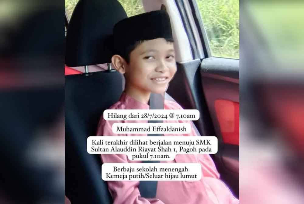 Berita kehilangan Muhammad Effazaldanish yang tular di media sosial.