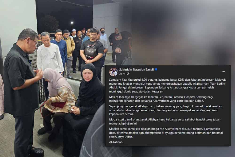 Saifuddin bersama keluarga Allahyarham di Jabatan Perubatan Forensik Hospital Serdang pada Selasa.