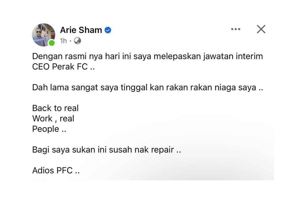 Tangkap layar hantaran di Facebook mengenai peletakan jawatan Bobie Farid sebagai Ketua Pegawai Eksekutif Perak FC pada Rabu.