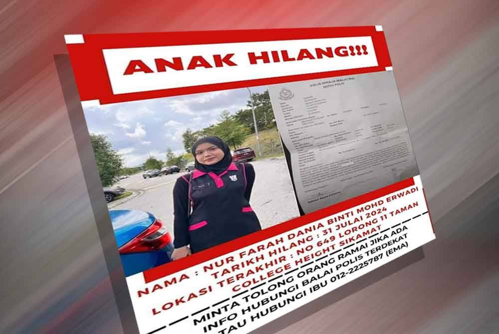 Pada Rabu, tular di media sosial mengenai kehilangan remaja tingkatan lima itu yang kali terakhir dilihat di kediamannya di Taman College Heights, Sikamat di Seremban.