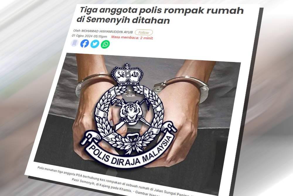 Polis mengesahkan pihaknya menahan tiga anggota Pasukan Gerakan Am (PGA) berhubung kes rompakan di sebuah rumah di Jalan Sungai Pening, Kampung Pasir Semenyih, di sini pada Khamis.