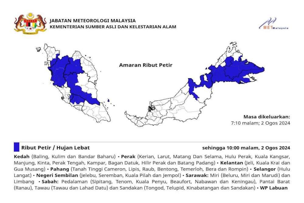 Amaran ribut petir, hujan lebat dan angin kencang di sembilan negeri sehingga jam 10 malam ini.