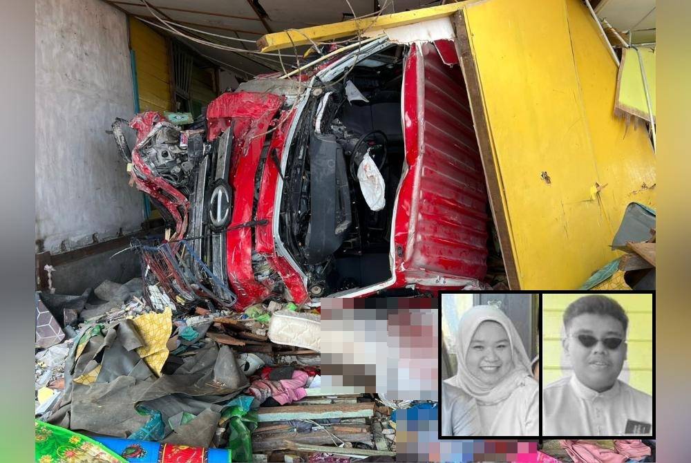 Treler merempuh sebuah rumah menyebabkan dua beradik maut dalam kejadian di Kilometer 5 Jalan Pekan/Nenasi/Rompin, di Kampung Ketapang Hilir di sini, awal pagi Sabtu. Foto Polis Pekan. (Gambar kecil: Nurnazatul Fasiha, Mohd Waldon Faris)