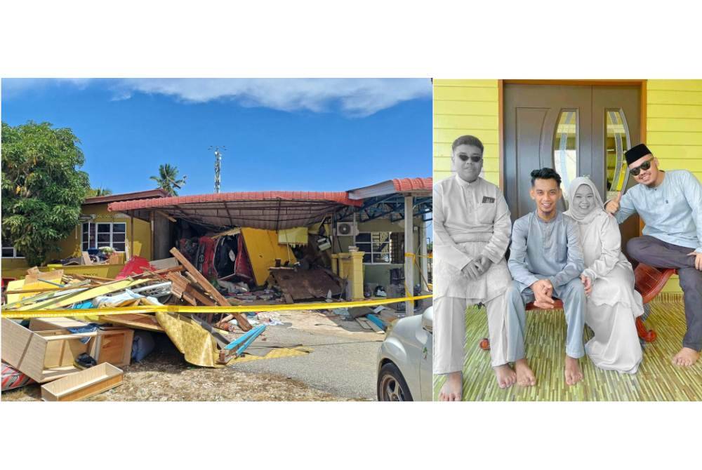 Keadaan rumah Norrulaini yang dirempuh treler terbabas pada Sabtu. Gambar kenangan Nurnazatul Fasiha (dua, dari kanan) dan Mohd Waldon Faris (kiri) bersama adik beradiknya.