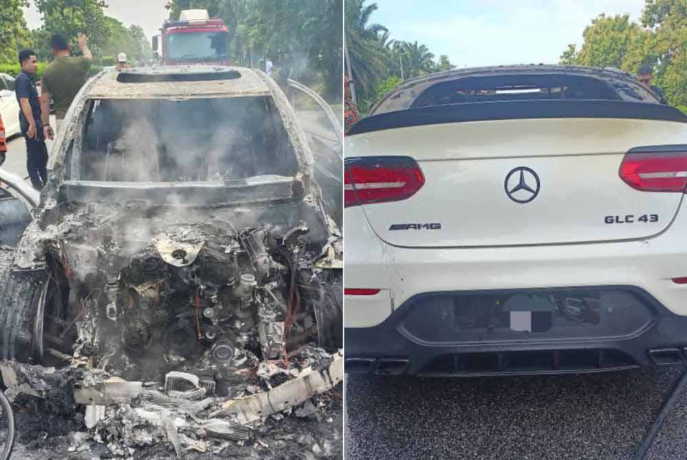 Keadaan kereta Mercedes Benz GLC 43 yang mengalami kemusnahan kira-kira 50 peratus selepas terbakar di hadapan Taman Sinar Harapan, Lebuhraya Utara Selatan, di sini pada Ahad. - Foto: JBPM Kedah