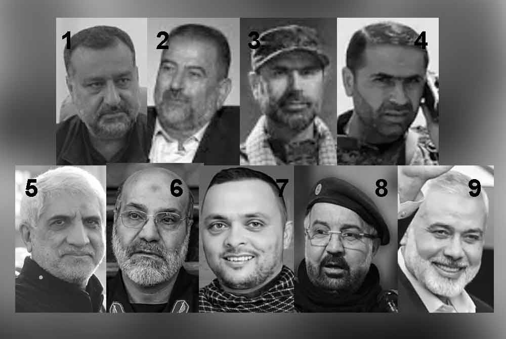 1. Sayyed Razi Mousavi 2. Saleh al-Arouri 3. Wissam al-Tawil 4. Ismail al-Zin 5. Mohammad Hadi Haji Rahimi 6. Mohammad Reza Zahedi 7. Ali Ahmad Hussein 8. Fuad Shukr 9. Ismail Haniyeh