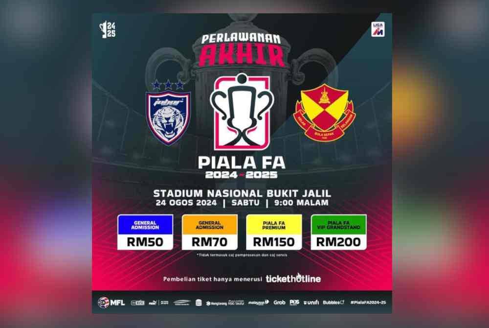 MFL umum empat kategori tiket dijual bagi perlawanan akhir Piala FA yang mempertemukan JDT dan Selangor FC pada 24 Ogos ini.