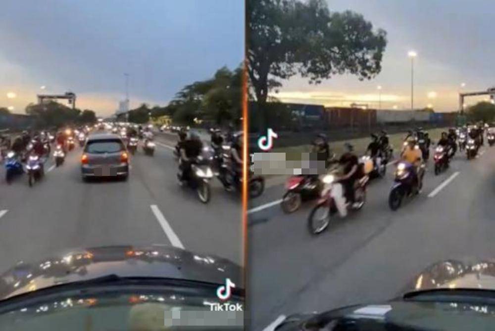 Tangkap layar video tular yang memaparkan aksi berbahaya sekumpulan penunggang motosikal di Lebuhraya BORR.