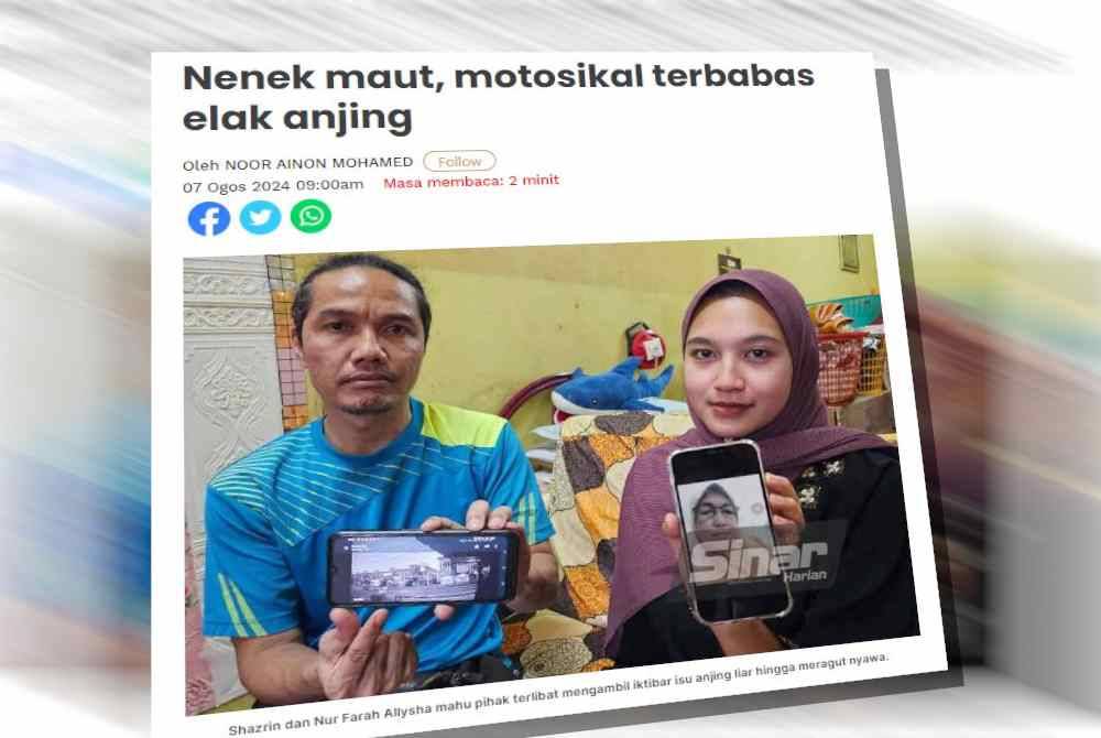 Sinar Harian melaporkan seorang wanita warga emas maut ketika cuba mengelak anjing liar di tengah jalan selepas menghantar cucunya ke Sekolah Kebangsaan (SK) Silibin pada Isnin.