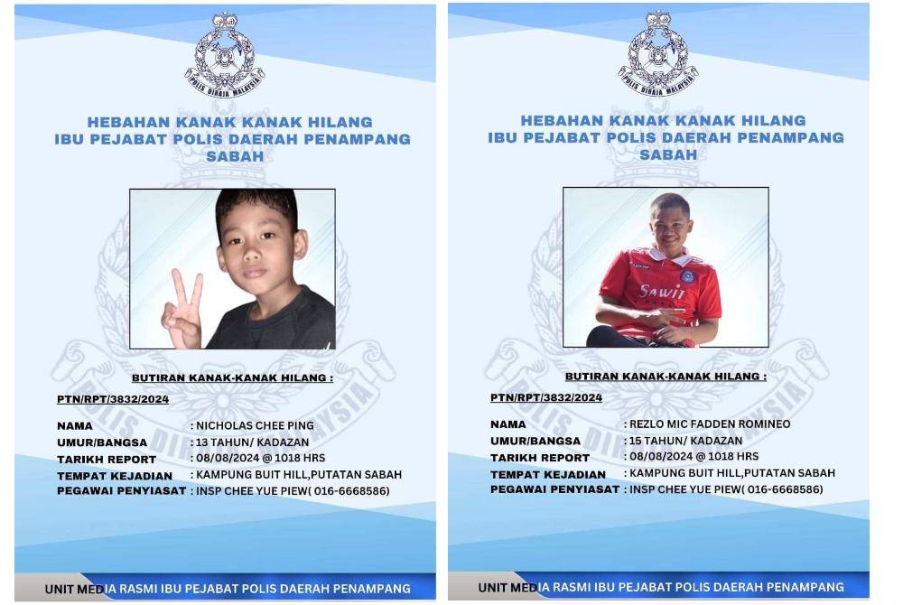 Polis memohon bantuan orang ramai mengesan Nicholas (kiri) dan Rezlo yang dilaporkan hilang sejak lebih seminggu lalu. Foto ihsan PDRM