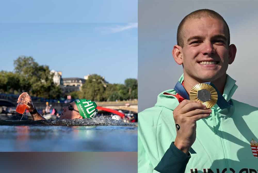 Rasovszky mengambil minuman di stesen perlumbaan semasa final renang maraton 10km lelaki Paris 2024 di Pont Alexandre III, Paris 2024. Foto AFP