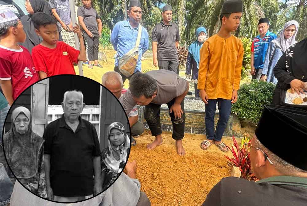 Norhasyim menyempurnakan pengebumian Noradriana yang selamat disemadikan di sebelah pusara arwah isterinya di Tanah Perkuburan Islam Kampung Paya Redan, Pagoh, Muar pada pagi Sabtu. Gambar kecil: Gambar kenangan Noradriana (kanan) bersama arwah datuk dan neneknya yang turut terkorban dalam kejadian kebakaran rumah mereka di Kampung Paya Redan, Pagoh pada pagi Jumaat.