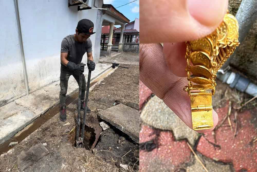 Sukri (kiri)menemui gelang tersebut sewaktu melakukan kerja pembersihan di kediaman baharu miliknya pada Sabtu. Gelang emas 916 yang ditemui Sukri pada Sabtu.