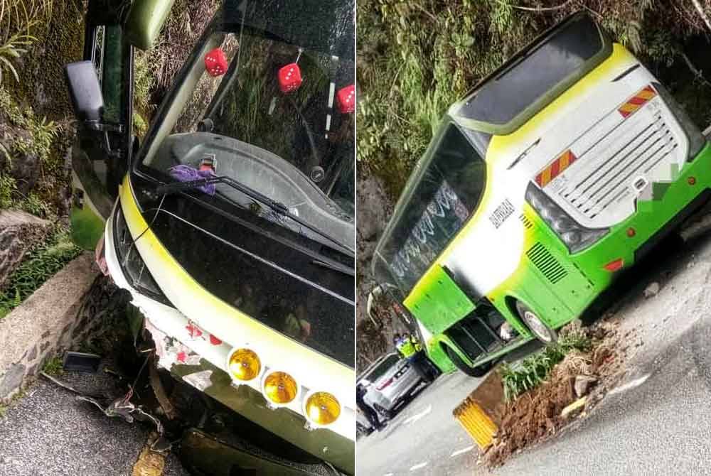 Keadaan bas yang dinaiki 20 penumpang melanggar penghadang jalan selepas mengalami kerosakan brek di Kilometer 2.6 Jalan Genting Highlands pada Sabtu.