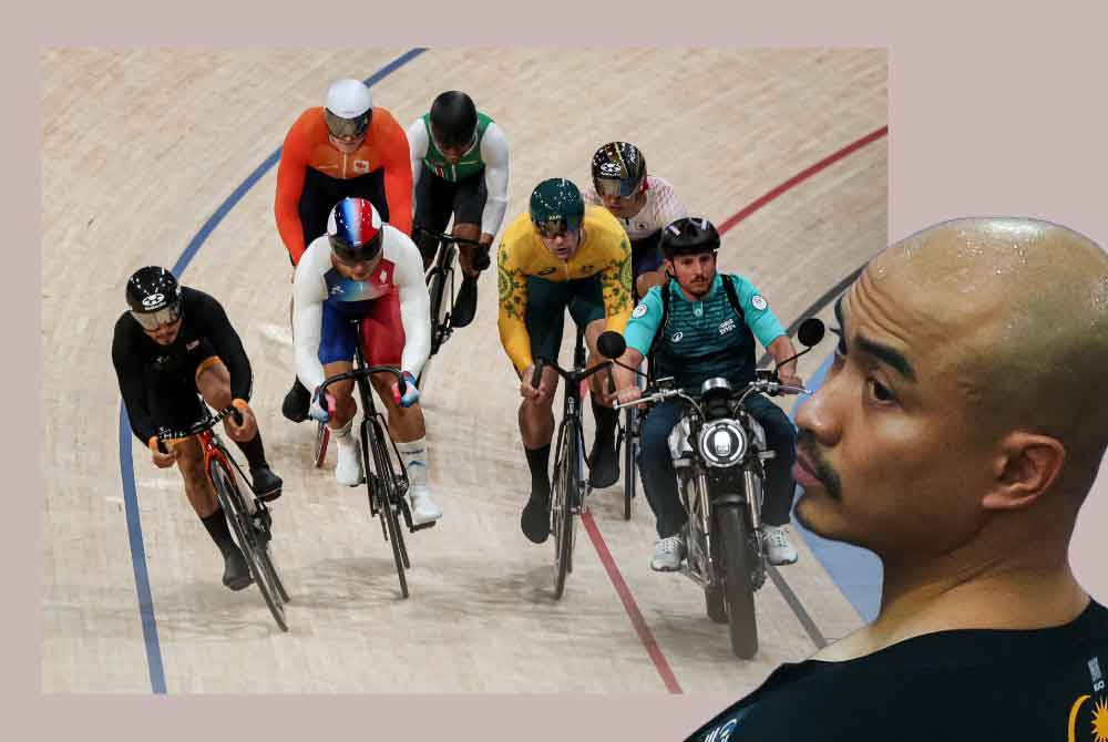 Azizulhasni (kiri) ketika beraksi dalam acara basikal trek keirin lelaki pusingan pertama pada Sukan Olimpik Paris 2024 di Saint-Quentin-en-Yvelines National Velodrome. Foto Bernama