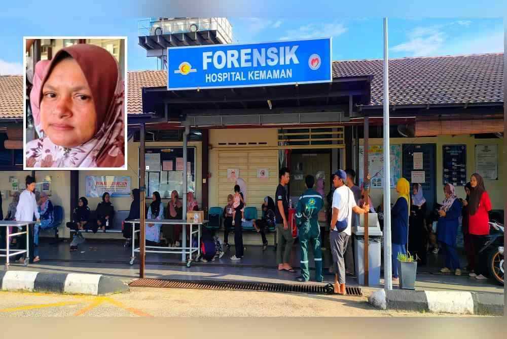 Suasana di perkarangan Unit Forensik Hospital Kemaman di sini pada Ahad. Gambar kecil: Roziana Ali