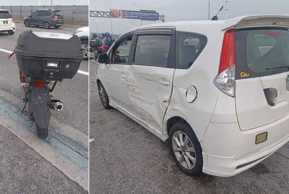 Kereta Perodua Alza yang berhenti di laluan kecemasan Jambatan Pulau Pinang untuk menukar pemandu dilanggar dari belakang oleh motosikal mangsa. Foto ihsan pembaca)