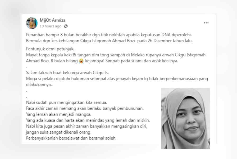 Tangkap layar hantaran di Facebook kenalan mangsa. Gambar kecil: Cikgu Istiqomah