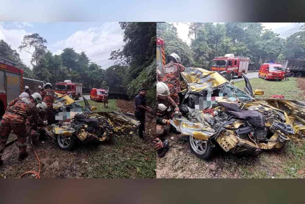 Anggota bomba mengeluarkan mangsa yang maut dalam kemalangan di Jalan Batu Pahat - Mersing, pada petang Selasa. Foto JBPM