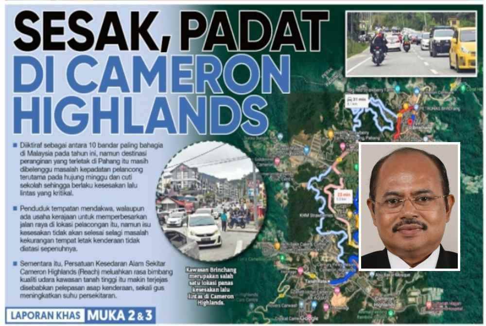 Laporan muka depan Sinar Ahad mengenai isu kesesakan di Cameron Highlands. Gambar kecil: Ir Razali