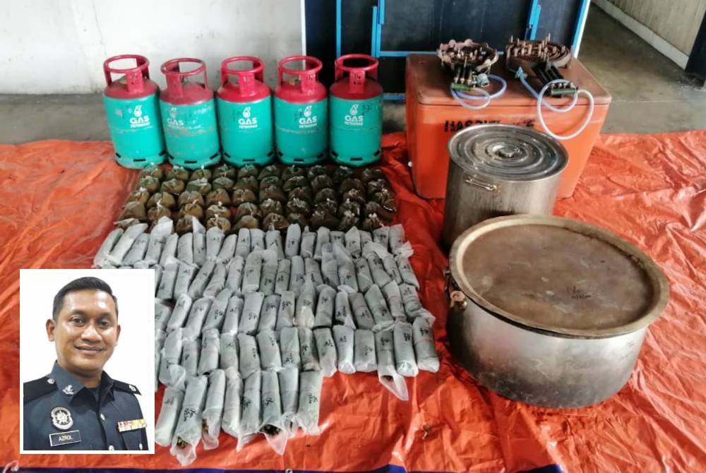 Hasil pemeriksaan mendapati terdapat 50 bungkus plastik disyaki air ketum dan peralatan merebus air ketum. Foto ihsan PDRM