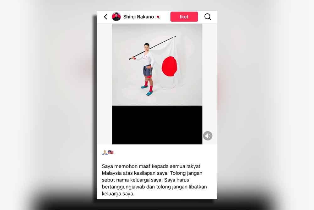 Nakano membuat permohonan maaf kepada warganet Malaysia. Foto Tiktok Shinji Nakano