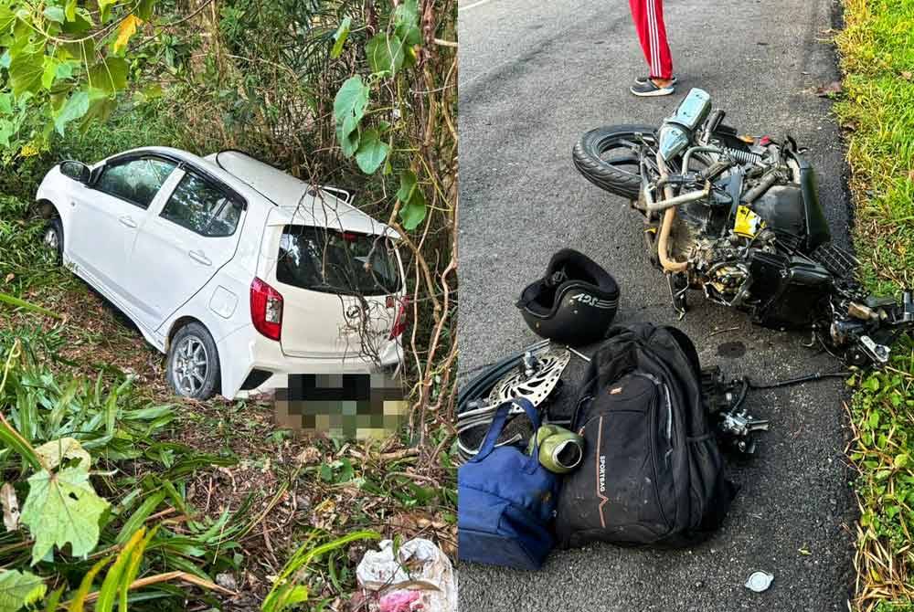 Kereta yang dinaiki seorang guru wanita dan anak lelakinya terjatuh ke gaung dan motosikal yang ditunggangi kedua-dua mangsa. Foto PDRM