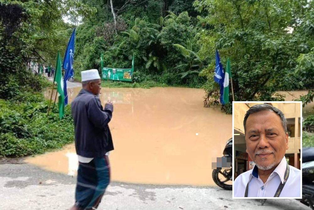 Kampung Sungai Serian Batu 12 dilanda banjir kilat akibat hujan lebat sejak malam Khamis. Gambar kecil: Ramlan