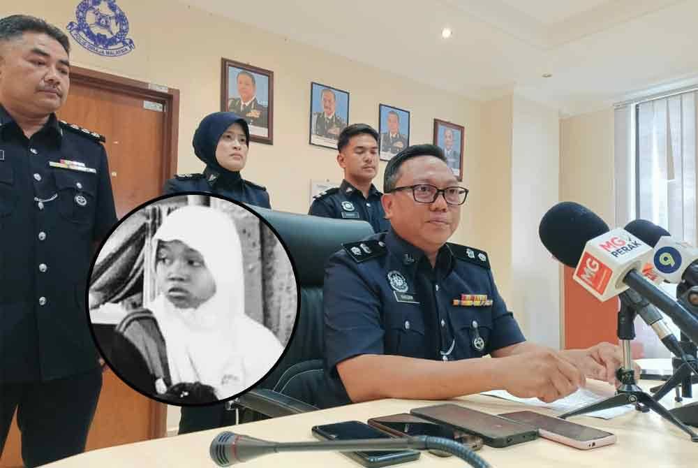 Mohd Khaizam ketika sidang akhbar di IPD Sungai Siput pada Ahad. Gambar kecil: Nuraina Humaira