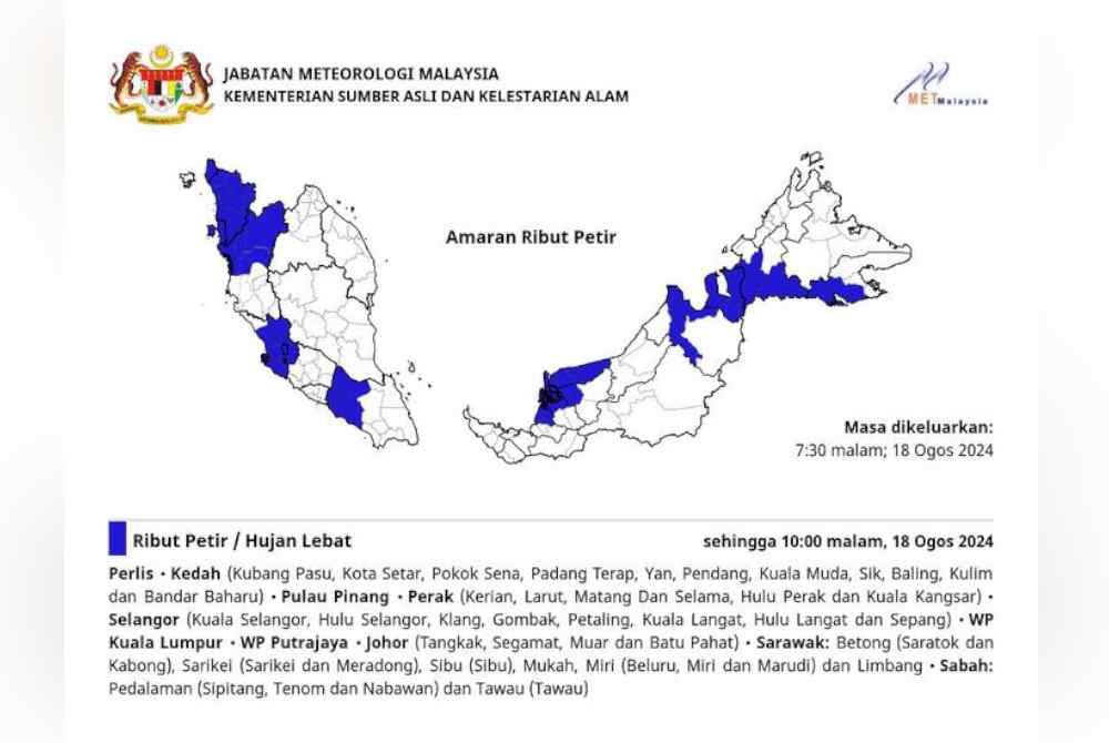 Tangkap layar amaran ribut petir dan angin kencang di 10 negeri sehingga jam 10 malam ini.